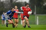 26 November 2022; Nicola Ward of Kilkerrin Clonberne in action against Karen McGrath of Ballymacarbry during the CurrentAccount.ie LGFA All-Ireland Senior Club Championship Semi-Final match between Ballymacarbry, Waterford, and Kilkerrin Clonberne, Galway, at Fraher Field in Dungarvan, Waterford. Photo by Matt Browne/Sportsfile