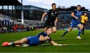 26 November 2022; Rob Russell of Leinster dives over to score his side's third try during the United Rugby Championship match between Leinster and Glasgow Warriors at RDS Arena in Dublin. Photo by Harry Murphy/Sportsfile