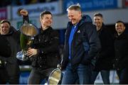 26 November 2022; 2011 and 2012 Heineken Cup winning Leinster head coach Joe Schmidt, and Brian O'Driscoll at half-time of the United Rugby Championship match between Leinster and Glasgow Warriors at RDS Arena in Dublin. Photo by Ramsey Cardy/Sportsfile