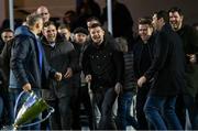 26 November 2022; Members of the 2011 and 2012 Heineken Cup winning Leinster squad, from left, Ian Madigan, Brian O'Driscoll, Eoin Reddan and Shane Horgan, at half-time of the United Rugby Championship match between Leinster and Glasgow Warriors at RDS Arena in Dublin. Photo by Ramsey Cardy/Sportsfile