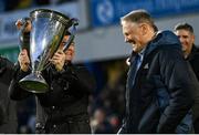 26 November 2022; Brian O'Driscoll, left, and head coach Joe Schmidt of the 2011 and 2012 Heineken Cup winning Leinster squad at half-time of the United Rugby Championship match between Leinster and Glasgow Warriors at RDS Arena in Dublin. Photo by Ramsey Cardy/Sportsfile