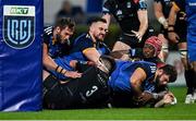 26 November 2022; Michael Milne of Leinster dives over to score his side's fourth try during the United Rugby Championship match between Leinster and Glasgow Warriors at RDS Arena in Dublin. Photo by Ramsey Cardy/Sportsfile