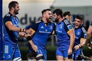 26 November 2022; Michael Milne of Leinster, second right, celebrates with teammates, from left, Jason Jenkins, Rónan Kelleher and Vakhtang Abdaladze after scoring their side's fourth try during the United Rugby Championship match between Leinster and Glasgow Warriors at RDS Arena in Dublin. Photo by Ramsey Cardy/Sportsfile