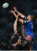 26 November 2022; Ross Molony of Leinster wins possession in the lineout against JP du Preez, left, and Sintu Manjezi of Glasgow Warriors during the United Rugby Championship match between Leinster and Glasgow Warriors at RDS Arena in Dublin. Photo by Ramsey Cardy/Sportsfile
