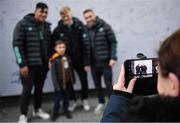 26 November 2022; Leinster players, Jordan Larmour, Tommy O'Brien and Michael Ala'alatoa in Autograph Alley before the United Rugby Championship match between Leinster and Glasgow Warriors at RDS Arena in Dublin. Photo by Tyler Miller/Sportsfile