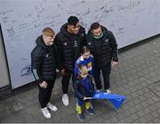 26 November 2022; Leinster players, Jordan Larmour, Tommy O'Brien and Michael Ala'alatoa with Leinster supporters at Autograph Alley before the United Rugby Championship match between Leinster and Glasgow Warriors at RDS Arena in Dublin. Photo by Tyler Miller/Sportsfile