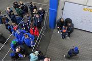 26 November 2022; Leinster players, Jordan Larmour, Tommy O'Brien and Michael Ala'alatoa in Autograph Alley before the United Rugby Championship match between Leinster and Glasgow Warriors at RDS Arena in Dublin. Photo by Tyler Miller/Sportsfile