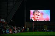 26 November 2022; The late Jerry Holland, former Munster Rugby chief executive officer, is shown on a big screen during a minute's silence for him before the United Rugby Championship match between Munster and Connacht at Thomond Park in Limerick. Photo by Piaras Ó Mídheach/Sportsfile