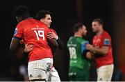 26 November 2022; Munster players Joey Carbery and Edwin Edogbo, 19, celebrate after their side's victory in the United Rugby Championship match between Munster and Connacht at Thomond Park in Limerick. Photo by Piaras Ó Mídheach/Sportsfile