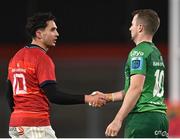 26 November 2022; Joey Carbery of Munster and Jack Carty of Connacht shake hands after the United Rugby Championship match between Munster and Connacht at Thomond Park in Limerick. Photo by Piaras Ó Mídheach/Sportsfile