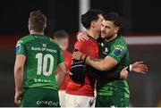 26 November 2022; Conor Oliver of Connacht with Joey Carbery of Munster after the United Rugby Championship match between Munster and Connacht at Thomond Park in Limerick. Photo by Piaras Ó Mídheach/Sportsfile