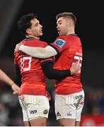26 November 2022; Munster players Joey Carbery and Jack Crowley, right, after their side's victory in the United Rugby Championship match between Munster and Connacht at Thomond Park in Limerick. Photo by Piaras Ó Mídheach/Sportsfile