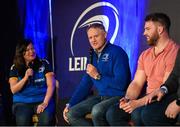 26 November 2022; Bebhinn Dunne of the OLSC interviews Joe Schmidt and Sean O'Brien in the fanzone after the United Rugby Championship match between Leinster and Glasgow Warriors at RDS Arena in Dublin. Photo by Harry Murphy/Sportsfile
