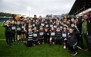 26 November 2022; The Kilkenny RFC team with Leinster players, from left, Michael Ala'alatoa, Tommy O'Brien and Jordan Larmour before the Bank of Ireland Half-time Minis at United Rugby Championship match between Leinster and Glasgow Warriors at RDS Arena in Dublin. Photo by Harry Murphy/Sportsfile