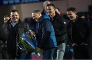 26 November 2022; Head coach Joe Schmidt of the 2011 and 2012 Heineken Cup winning Leinster squad, with Mike Ross, Jonathan Sexton and Eoin Reddan at half-time of the United Rugby Championship match between Leinster and Glasgow Warriors at RDS Arena in Dublin. Photo by Ramsey Cardy/Sportsfile