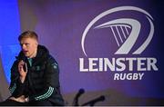 26 November 2022; Tommy O'Brien during a Q & A at the United Rugby Championship match between Leinster and Glasgow Warriors at RDS Arena in Dublin. Photo by Ramsey Cardy/Sportsfile