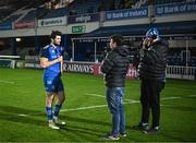 26 November 2022; Harry Byrne of Leinster is interviewed by Leinster digital media manager Paul Cahill and Videographer Robert Maguire after the United Rugby Championship match between Leinster and Glasgow Warriors at RDS Arena in Dublin. Photo by Harry Murphy/Sportsfile