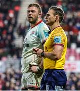 25 November 2022; Duane Vermeulen of Ulster and referee AJ Jacobs during the United Rugby Championship match between Ulster and Zebre Parma at Kingspan Stadium in Belfast. Photo by John Dickson/Sportsfile