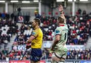 25 November 2022; Duane Vermeulen of Ulster and referee AJ Jacobs during the United Rugby Championship match between Ulster and Zebre Parma at Kingspan Stadium in Belfast. Photo by John Dickson/Sportsfile