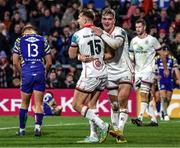 25 November 2022; Stewart Moore of Ulster is congratulated by his teammate Jake Flannery during the United Rugby Championship match between Ulster and Zebre Parma at Kingspan Stadium in Belfast. Photo by John Dickson/Sportsfile