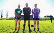 27 November 2022; Referee Kevin Phelan with captains Jennifer Brett of Mullinahone and Andrea Gordon of Derrygonnelly Harps before the CurrentAccount.ie LGFA All-Ireland Intermediate Club Championship Semi-Final match between Mullinahone, Tipperary, and Derrygonnelly, Fermanagh, at John Locke Park in Callan, Kilkenny. Photo by David Fitzgerald/Sportsfile