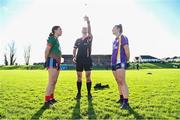 27 November 2022; Referee Kevin Phelan with captains Jennifer Brett of Mullinahone and Andrea Gordon of Derrygonnelly Harps before the CurrentAccount.ie LGFA All-Ireland Intermediate Club Championship Semi-Final match between Mullinahone, Tipperary, and Derrygonnelly, Fermanagh, at John Locke Park in Callan, Kilkenny. Photo by David Fitzgerald/Sportsfile