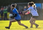 27 November 2022; Alyssa Manley of Salthill Knocknacarra in action against Izzy McClean of O'Dwyer's during the CurrentAccount.ie LGFA All-Ireland Junior Club Championship Semi-Final match between Salthill Knocknacarra, Galway, and O’Dwyer's, Dublin, at The Prairie in Salthill, Galway. Photo by Piaras Ó Mídheach/Sportsfile