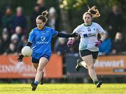 27 November 2022; Alyssa Manley of Salthill Knocknacarra in action against Aoife Kelly of O'Dwyer's during the CurrentAccount.ie LGFA All-Ireland Junior Club Championship Semi-Final match between Salthill Knocknacarra, Galway, and O’Dwyer's, Dublin, at The Prairie in Salthill, Galway. Photo by Piaras Ó Mídheach/Sportsfile