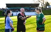 27 November 2022; Referee Eddie Cuthbert tosses the coin watched by captain's Aisling Cosgrove of Longford Slashers and Chelsea Doherty of Charlestown before the CurrentAccount.ie LGFA All-Ireland Intermediate Club Championship Semi-Final match between Longford Slashers and Charlestown, Mayo, at Michael Fay Park in Farneyhoogan, Longford. Photo by Harry Murphy/Sportsfile