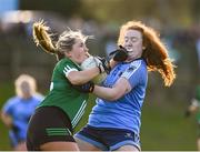 27 November 2022; Lauren O'Donnell of Charlestown in action against Jessica Barry of Longford Slashers during the CurrentAccount.ie LGFA All-Ireland Intermediate Club Championship Semi-Final match between Longford Slashers and Charlestown, Mayo, at Michael Fay Park in Farneyhoogan, Longford. Photo by Harry Murphy/Sportsfile