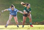27 November 2022; Katie Gavin of Charlestown in action against Kate Shannon of Longford Slashers during the CurrentAccount.ie LGFA All-Ireland Intermediate Club Championship Semi-Final match between Longford Slashers and Charlestown, Mayo, at Michael Fay Park in Farneyhoogan, Longford. Photo by Harry Murphy/Sportsfile