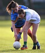 27 November 2022; Holly O'Rourke of O'Dwyer's in action against Laura Kelly of Salthill Knocknacarra during the CurrentAccount.ie LGFA All-Ireland Junior Club Championship Semi-Final match between Salthill Knocknacarra, Galway, and O’Dwyer's, Dublin, at The Prairie in Salthill, Galway. Photo by Piaras Ó Mídheach/Sportsfile