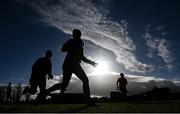 27 November 2022; Derrygonnelly Harps players warm up before the CurrentAccount.ie LGFA All-Ireland Intermediate Club Championship Semi-Final match between Mullinahone, Tipperary, and Derrygonnelly, Fermanagh, at John Locke Park in Callan, Kilkenny. Photo by David Fitzgerald/Sportsfile