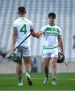 27 November 2022; Brian Butler, 4, and Ronan Corcoran of Shamrocks Ballyhale congratulate each other after the AIB Leinster GAA Hurling Senior Club Championship Semi-Final match between Naas and Shamrocks Ballyhale at Croke Park in Dublin. Photo by Daire Brennan/Sportsfile