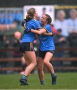 27 November 2022; Salthill Knocknacarra players Orlaith de Bairead, right, and Siobhán Divilly celebrate after their side's victory in the CurrentAccount.ie LGFA All-Ireland Junior Club Championship Semi-Final match between Salthill Knocknacarra, Galway, and O’Dwyer's, Dublin, at The Prairie in Salthill, Galway. Photo by Piaras Ó Mídheach/Sportsfile