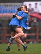 27 November 2022; Salthill Knocknacarra players Orlaith de Bairead, left, and Siobhán Divilly celebrate after their side's victory in the CurrentAccount.ie LGFA All-Ireland Junior Club Championship Semi-Final match between Salthill Knocknacarra, Galway, and O’Dwyer's, Dublin, at The Prairie in Salthill, Galway. Photo by Piaras Ó Mídheach/Sportsfile