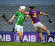 27 November 2022; Jason O’Neill of St Mullin’s is tackled by Bill O'Carroll of Kilmacud Crokes, in the 13th minute, during the AIB Leinster GAA Hurling Senior Club Championship Semi-Final match between Naomh Moling and Kilmacud Crokes at Croke Park in Dublin. Photo by Daire Brennan/Sportsfile