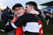 27 November 2022; Newcastle West manager Jimmy Lee celebrates with Michael O'Keeffe after their side's victory in the AIB Munster GAA Football Senior Club Championship Semi-Final match between Clonmel Commercials and Newcastle West at FBD Semple Stadium in Thurles, Tipperary. Photo by Michael P Ryan/Sportsfile