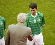27 May 2004; Roy Keane, Republic of Ireland, greets Milo Corcoran, President of the Football Association of Ireland. International Friendly, Republic of Ireland v Romania, Lansdowne Road, Dublin. Picture credit; Brendan Moran / SPORTSFILE