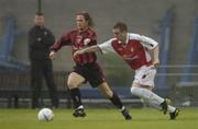 31 May 2004; Simon Webb, Bohemians, in action against Aidan O'Keeffe, St. Patrick's Athletic. eircom league, Premier Division, Bohemians v St. Patrick's Athletic, Dalymount Park, Dublin. Picture credit; Pat Murphy / SPORTSFILE