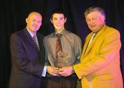 29 May 2004; Cian Nihill is presented with the Under 16 Male Player of the Year award by Tony Colgan, left, President of Basketball Ireland and Gerry Smyth, Schoolboys Representative, at the Basketball Ireland annual awards at the Burlington Hotel, Dublin. Picture credit; Brendan Moran / SPORTSFILE.