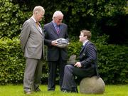 2 June 2004; Ireland's Gordon D'Arcy, right, who was presented with the Guinness Rugby Writers of Ireland Player of the Year award by Charlie Mulqueen, centre, Chairman of the Rugby Writers of Ireland, and Pat Barry of Guinness, at the Guinness Rugby Writers of Ireland Awards at the Berkeley Court Hotel, Dublin. Picture credit; Brendan Moran / SPORTSFILE