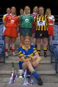 3 June 2004; Joanne Ryan, Tipperary, Mary O'Connor, Cork, Rose Collins, Limerick, Maire O'Connor, Kilkenny, Edel Mason, Antrim, Kate Kelly, Wexford, Aibhne Kelly, Galway and Clare Doherty, Derry at the launch of the Foras na Gaeilge Senior All Ireland Camogie Championship, Croke Park, Dublin. Picture credit; Damien Eagers / SPORTSFILE