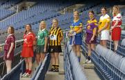 3 June 2004; Aibhne Kelly, Galway, Mary O'Connor, Cork, Rose Collins, Limerick, Maire O'Connor, Kilkenny, Joanne Ryan, Tipperary, Kate Kelly, Wexford, Edel Mason, Antrim, and Clare Doherty, Derry at the launch of the Foras na Gaeilge Senior All Ireland Camogie Championship, Croke Park, Dublin. Picture credit; Damien Eagers / SPORTSFILE