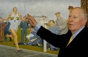 3 June 2004; Former Great Britain athlete Roger Bannister, who was the first athlete to break the four minute mile, admires a painting of the famous moment, at the Westbury Hotel, Dublin. Picture credit; Brian Lawless / SPORTSFILE