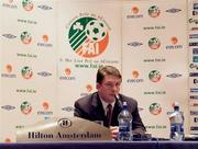 4 June 2004; FAI Chief Executive Fran Rooney answers questions relating to UEFA club licences during a press conference in the Hilton Hotel, Amsterdam, Holland. Picture credit; David Maher / SPORTSFILE