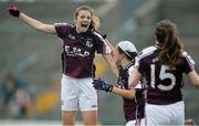 14 August 2013; Siobhan Gavin, left, Galway, celebrates with team-mates Shauna Hynes and Megan Kelly, right, after the match. All-Ireland Ladies Minor A Championship Final Replay, Dublin v Galway, Cusack Park, Mullingar, Co. Westmeath. Picture credit: Brian Lawless / SPORTSFILE