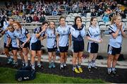 14 August 2013; Dublin players watch on anxiously in the closing stages of the match. All-Ireland Ladies Minor A Championship Final Replay, Dublin v Galway, Cusack Park, Mullingar, Co. Westmeath. Picture credit: Brian Lawless / SPORTSFILE