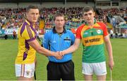 26 June 2013; Wexford captain Lee Chin and Carlow captain Sean Murphy shake hands in the company of Gavin Quilty, referee. Bord Gáis Energy Leinster GAA Hurling Under 21 Championship Semi-Final, Wexford v Carlow, Dr. Cullen Park, Carlow. Picture credit: Brian Lawless / SPORTSFILE