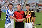 11 August 2013; Waterford captain Kevin Daly and Kilkenny captain James Tyrrell shake hands in front of referee Shane Hourigan before the game. Electric Ireland GAA Hurling All-Ireland Minor Championship, Semi-Final, Kilkenny v Waterford, Croke Park, Dublin. Picture credit: Oliver McVeigh / SPORTSFILE